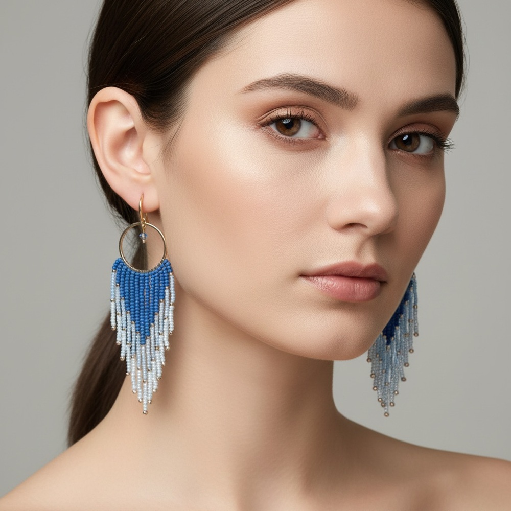 Elegant Ombre Blue Beaded Earrings - Picture 3 of 15